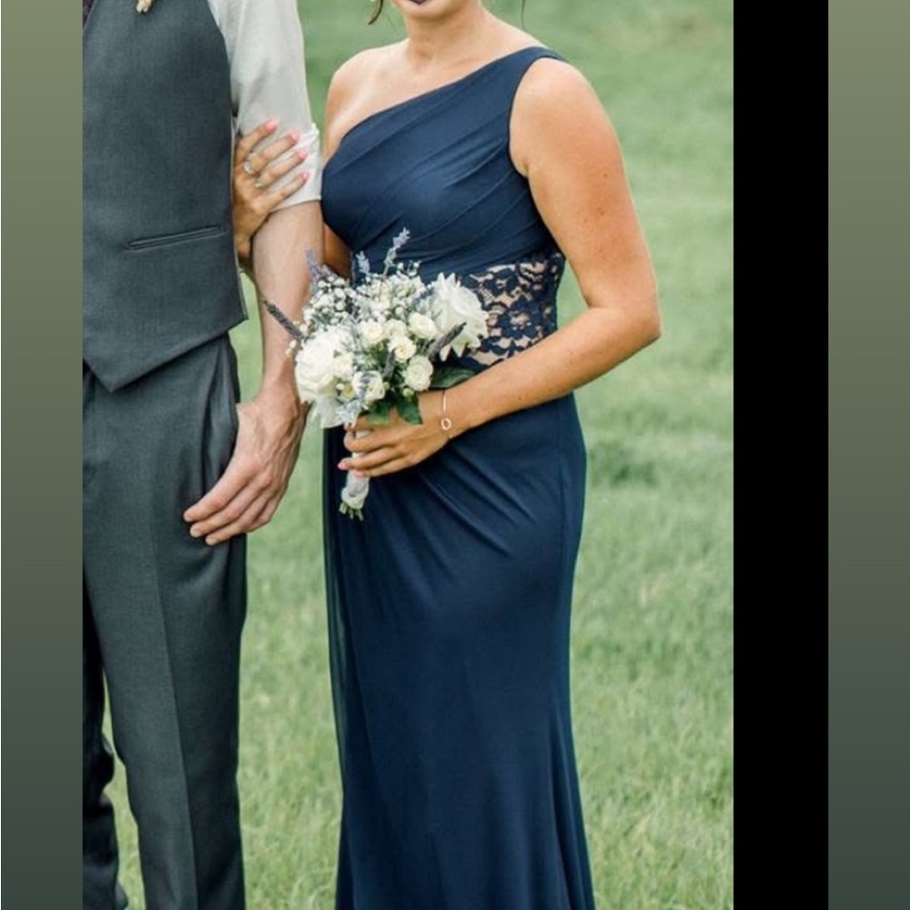David’s Bridal One-Shoulder Navy Lace-Accented Evening Gown with side slit